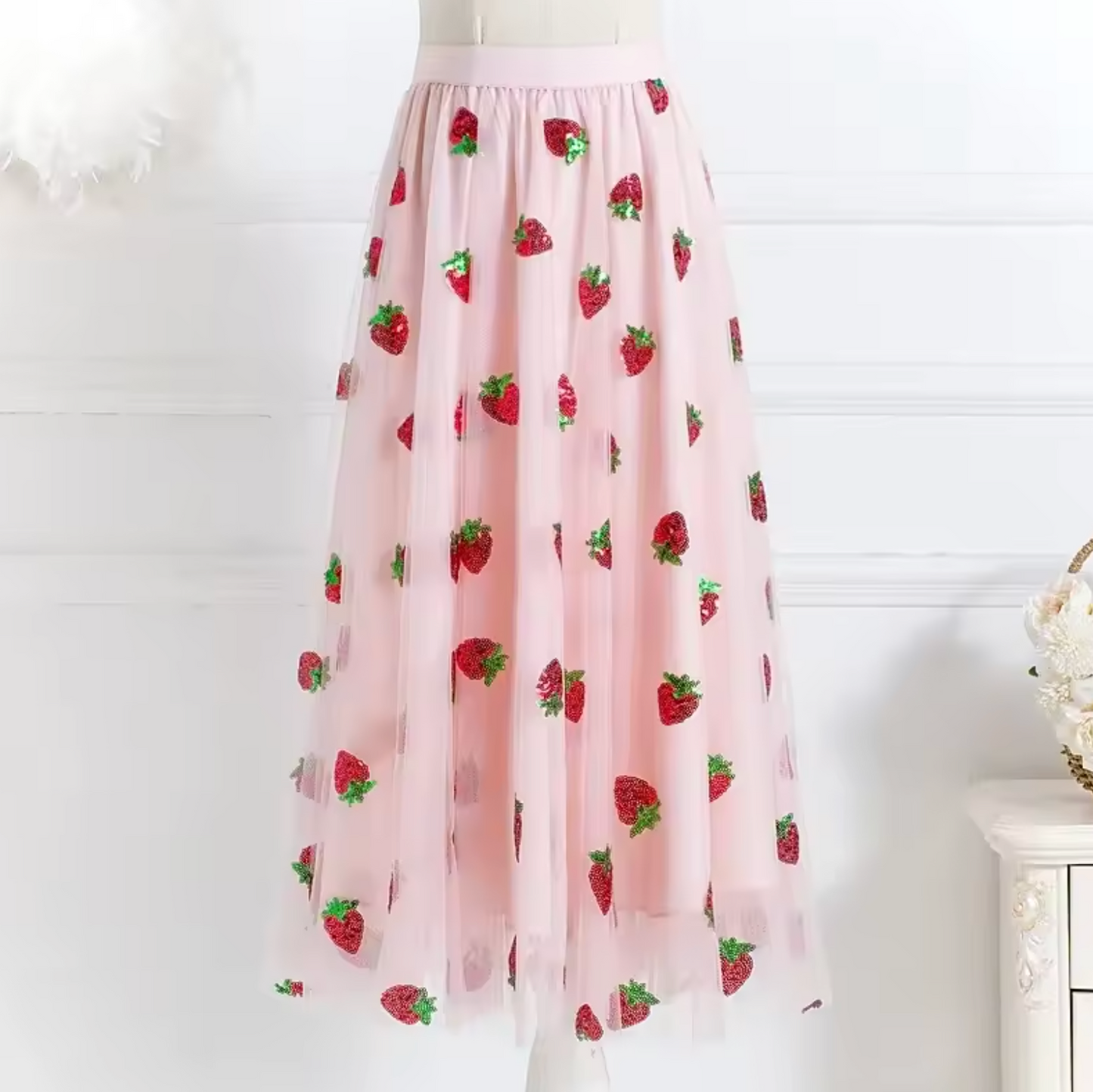 Erdbeer-Tüllrock mit Pailletten rosa midi M/L