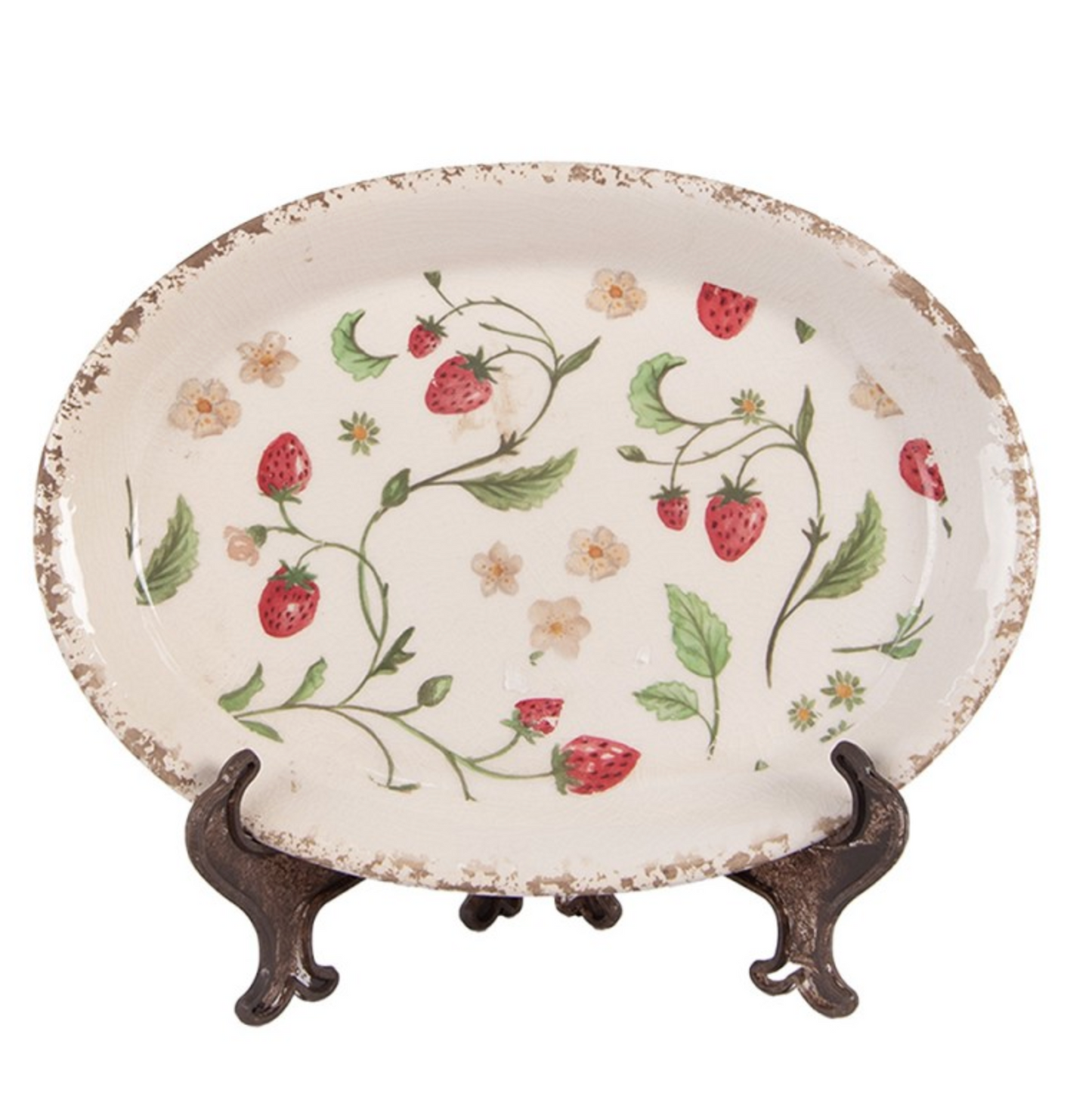Unterteller 25x18x3 cm Beige Keramik Erdbeeren Oval