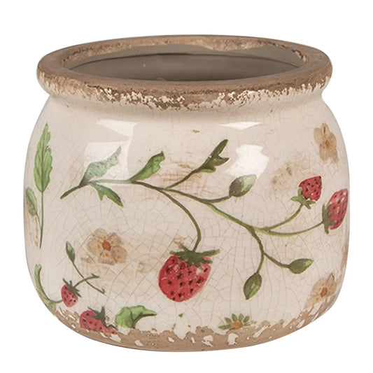 Clayre&Eef Blumentopf Keramik Beige Rot Erdbeeren Ø 12x10 cm für Innen- und geschützten Außenbereich