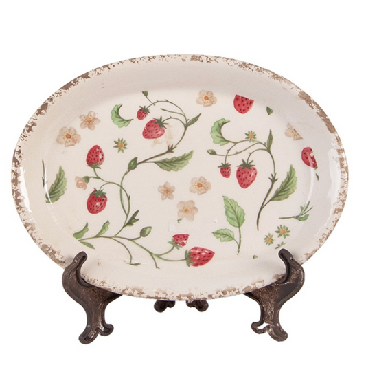Unterteller 25x18x3 cm Beige Keramik Erdbeeren Oval