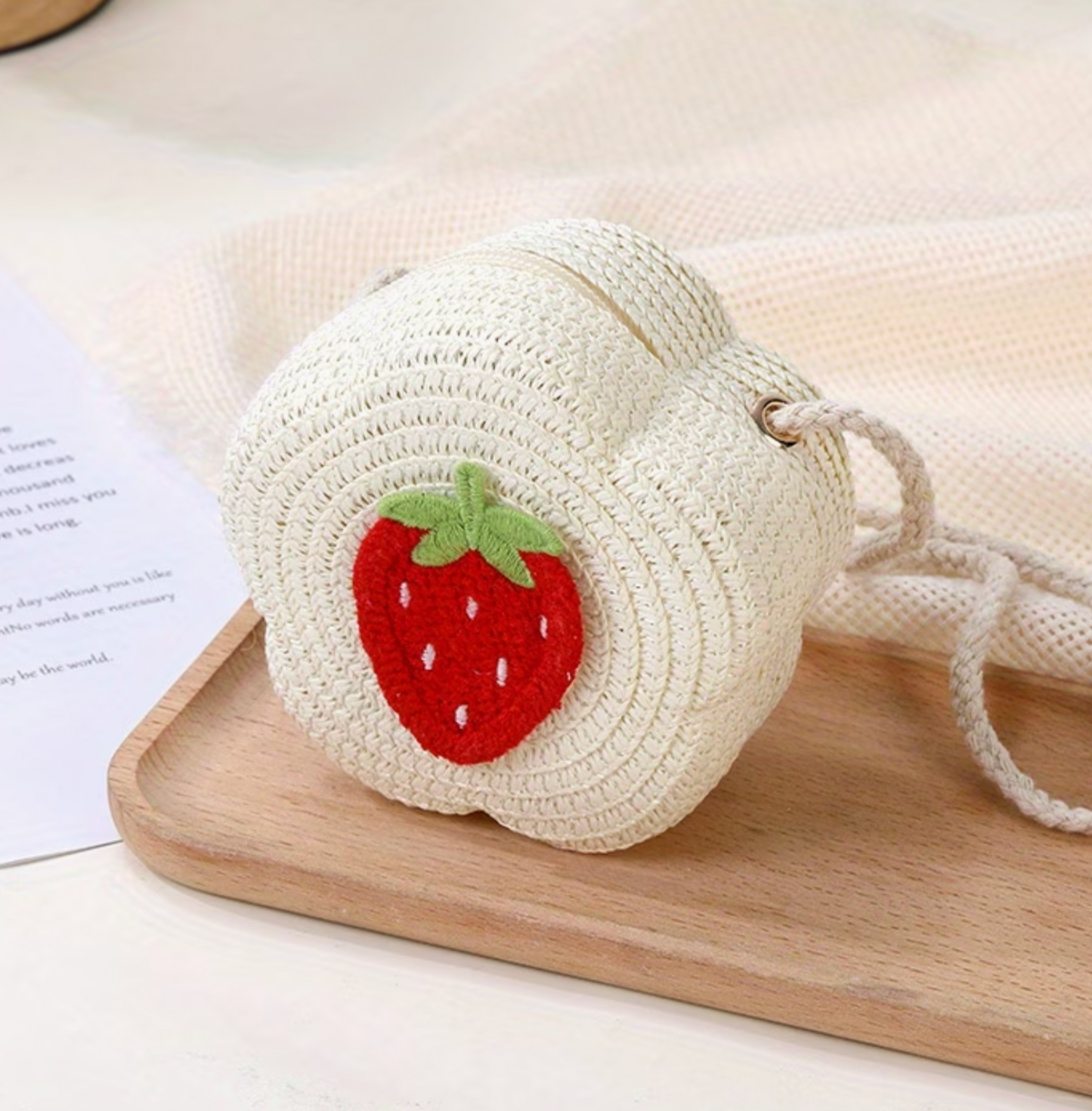 Kindertasche Erdbeere Strohtasche weiß