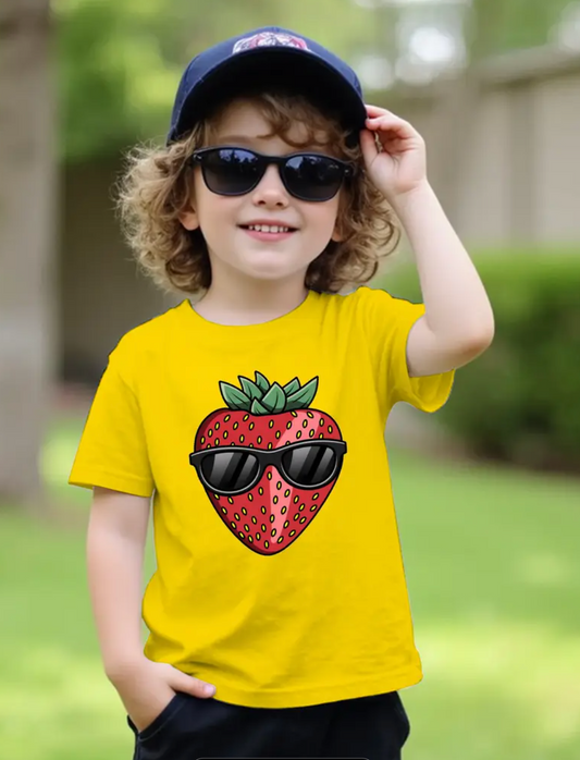 Kinder T-Shirt Baumwolle mit cooler Erdbeere gelb