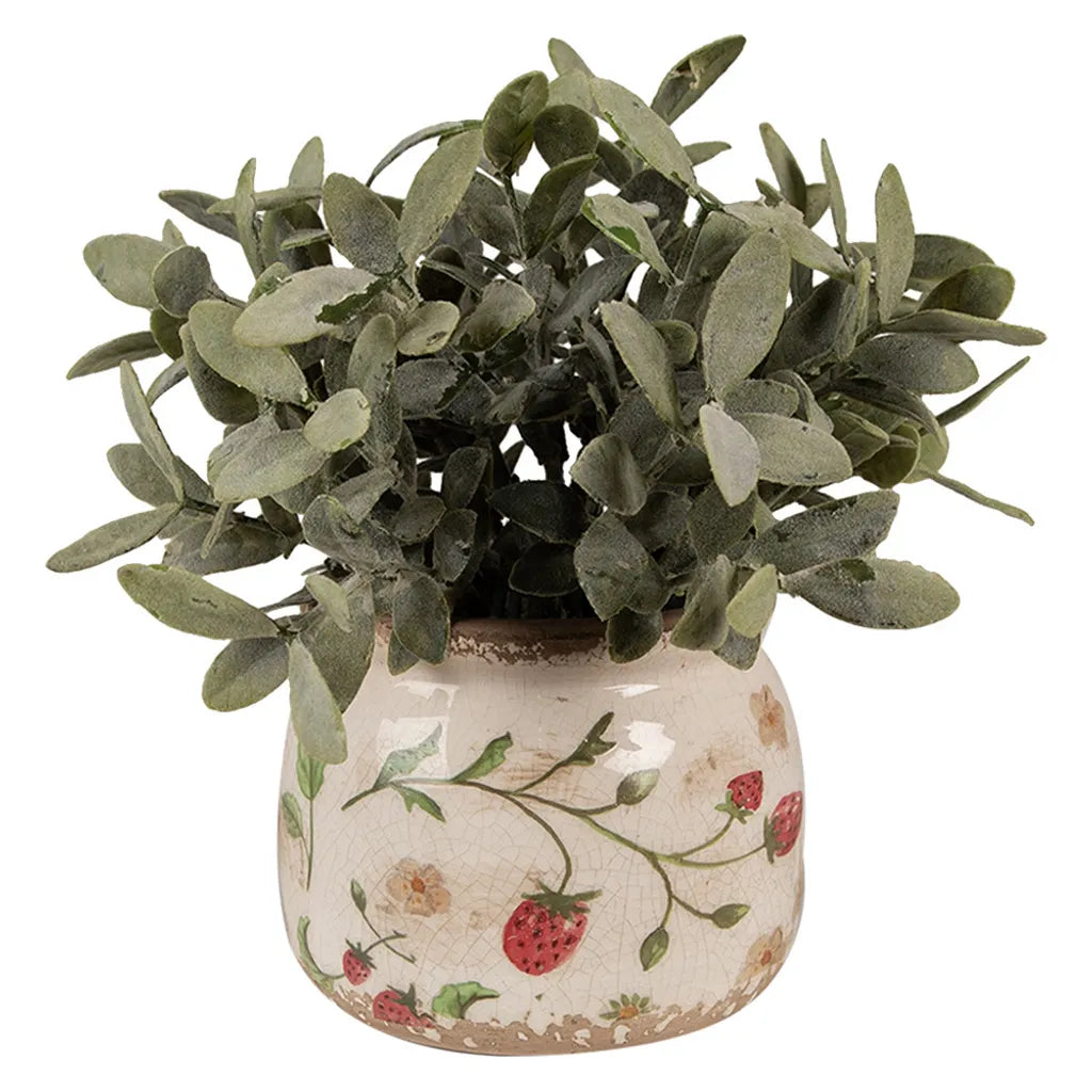 Clayre&Eef Blumentopf Keramik Beige Rot Erdbeeren Ø 12x10 cm für Innen- und geschützten Außenbereich